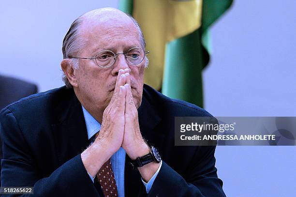 Brazilian jurist Miguel Reale Junior gestures as the impeachment committee works at the Chamber of Deputies in Brasilia in March 30, 2016. Brazilian...