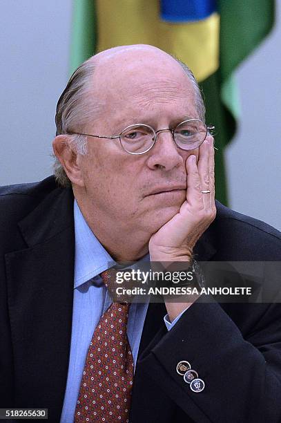 Brazilian jurist Miguel Reale Junior gestures as the impeachment committee works at the Chamber of Deputies in Brasilia in March 30, 2016. Brazilian...