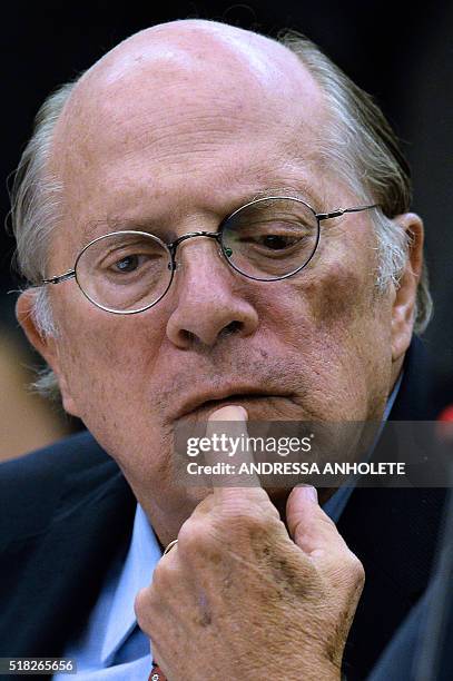 Brazilian jurist Miguel Reale Junior gestures as he speaks before the impeachment committee at the Chamber of Deputies in Brasilia in March 30, 2016....