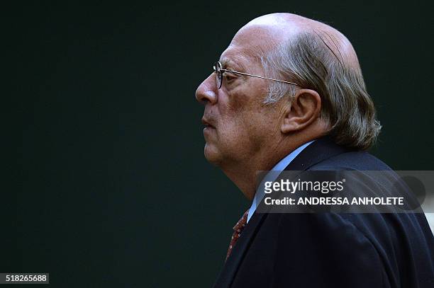 Brazilian jurist Miguel Reale Junior speaks before the impeachment committee at the Chamber of Deputies in Brasilia in March 30, 2016. Brazilian...