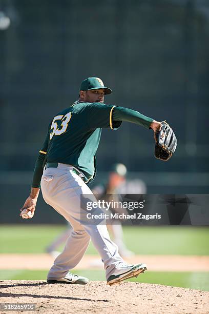 Felix Doubront of the Oakland Athletics pitches during a spring training game against the Chicago White Sox at Camelback Ranch on March 10, 2016 in...