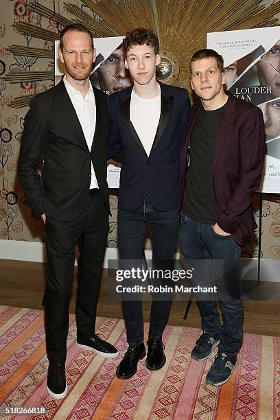 Director Joachim Trier, actor Devin Druid, and actor Jesse Eisenberg attend the "Louder Than Bombs" New York Premiere at Crosby Street Hotel on March...