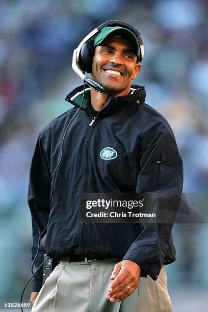 Head coach Herman Edwards of the New York Jets on the sideline as his team defeated the Houston Texans at Giants Stadium December 5, 2004 in East...