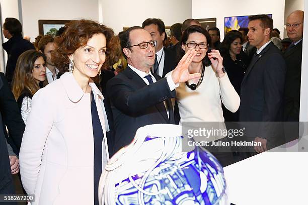 French Minister for Culture Audrey Azoulay and French President Francois Hollande inaugurate the 'Art Paris Art Fair 2016' at Grand Palais on March...