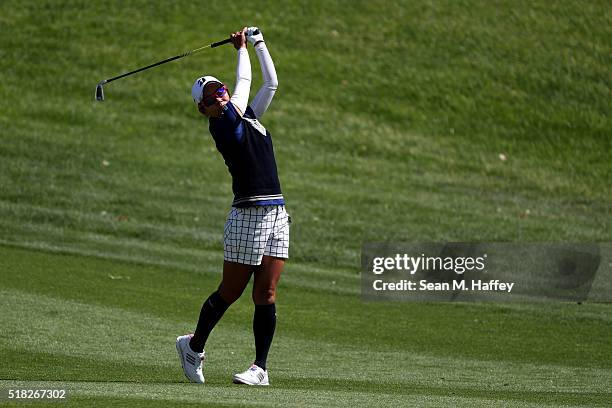 Ai Miyazato of Japan hits a shot on the 16th hole during the Pro-Am as a preview for the 2016 ANA Inspiration Championship at the Mission Hills...