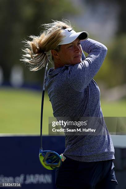 Suzann Pettersen of Norway hits a shot on the 18th hole during the Pro-Am as a preview for the 2016 ANA Inspiration Championship at the Mission Hills...