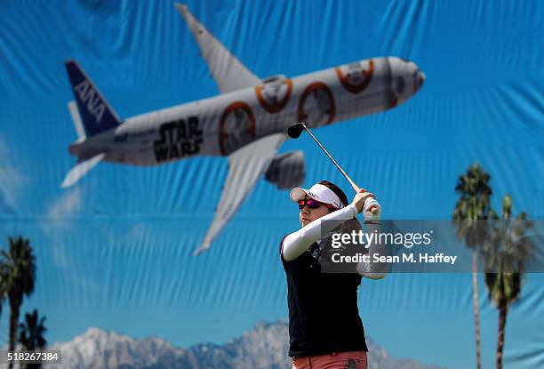 Mika Miyazato of Japan drives off the 8th hole during the Pro-Am as a preview for the 2016 ANA Inspiration Championship at the Mission Hills Country...