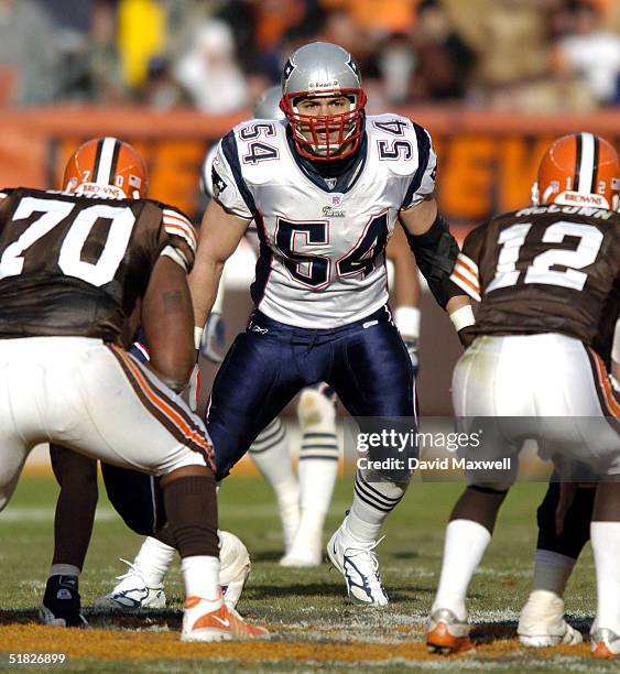 Tedy Bruschi of the New England Patriots in action against the Cleveland Browns at Cleveland Browns Stadium on December 5, 2004 in Cleveland, Ohio....