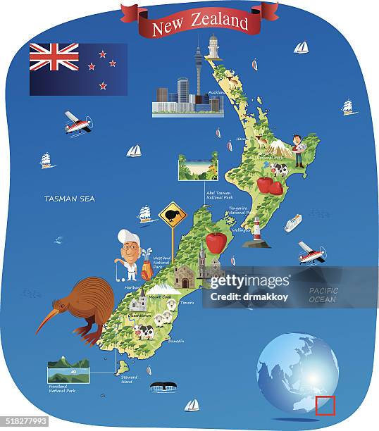 stockillustraties, clipart, cartoons en iconen met cartoon map of new zealand - new zealand icons