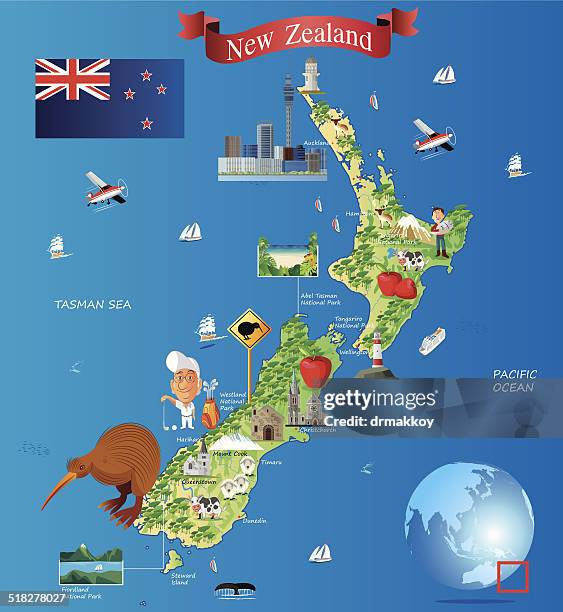 cartoon map of new zealand - christchurch new zealand stock illustrations