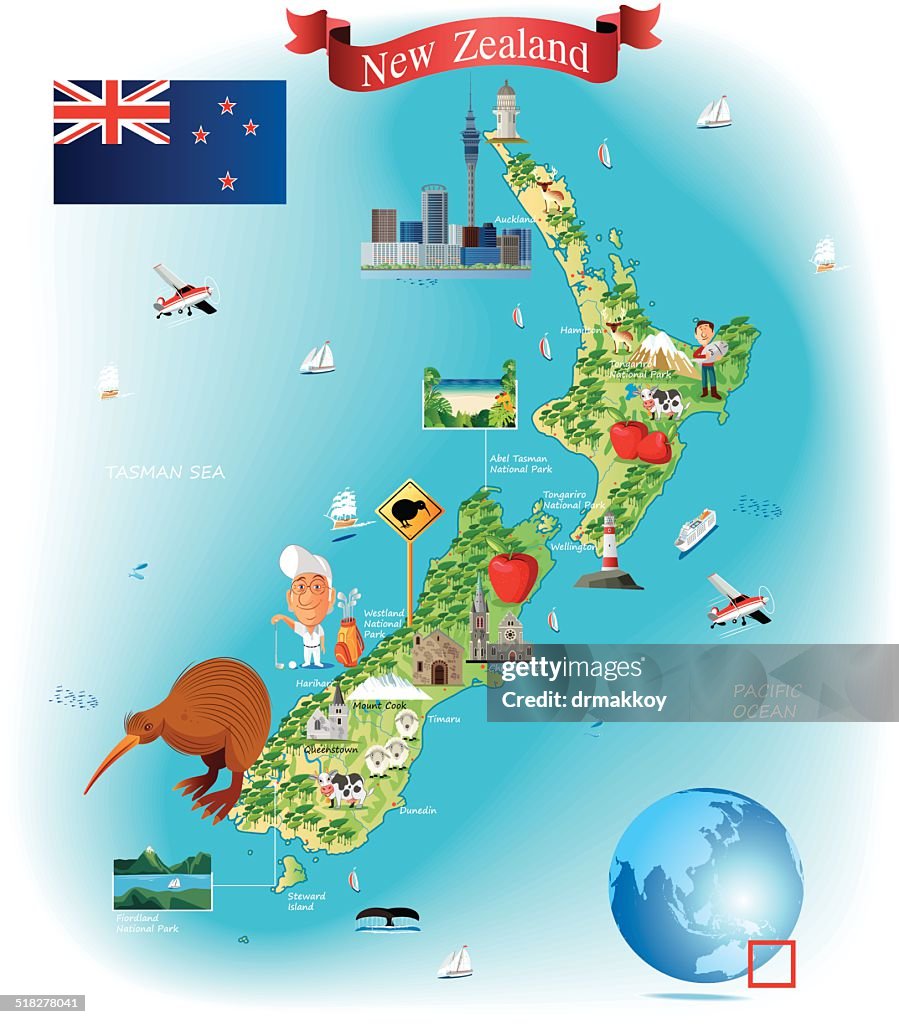 Carte de dessin animé de la Nouvelle-Zélande