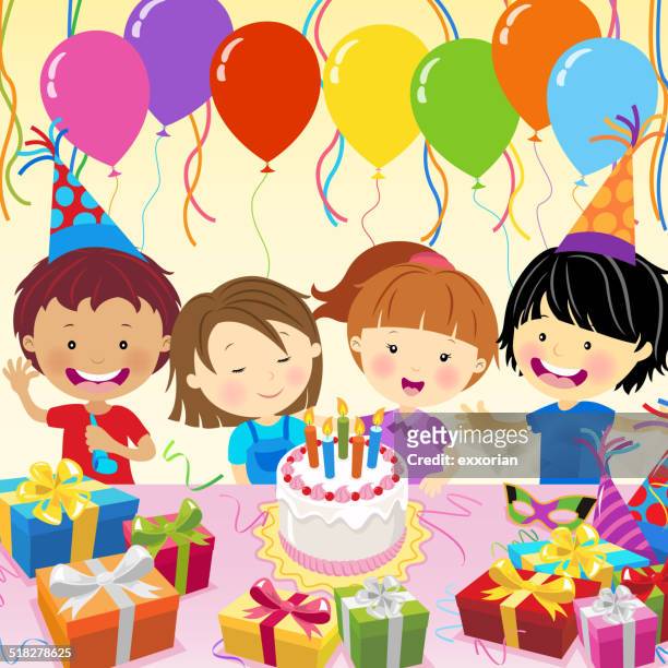 multi-ethnic kids celebrate birthday party - family fun indoor stock illustrations