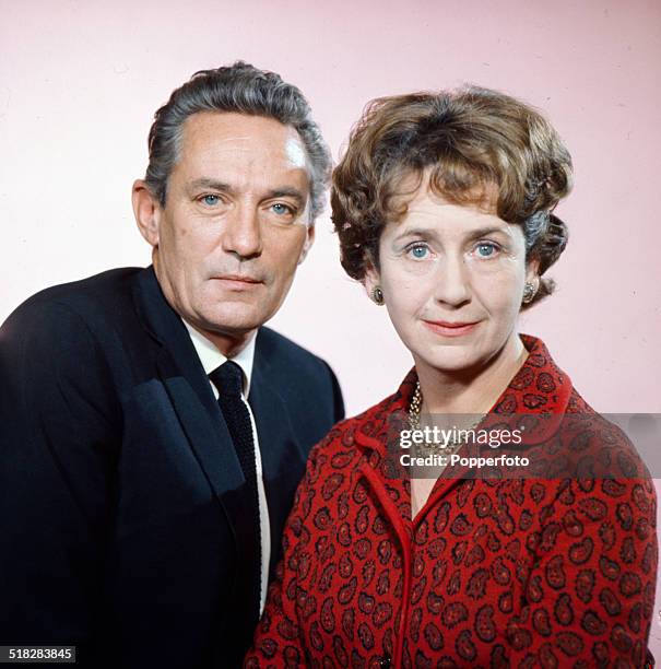 English actors Peter Finch and Peggy Ashcroft posed together in 1965.