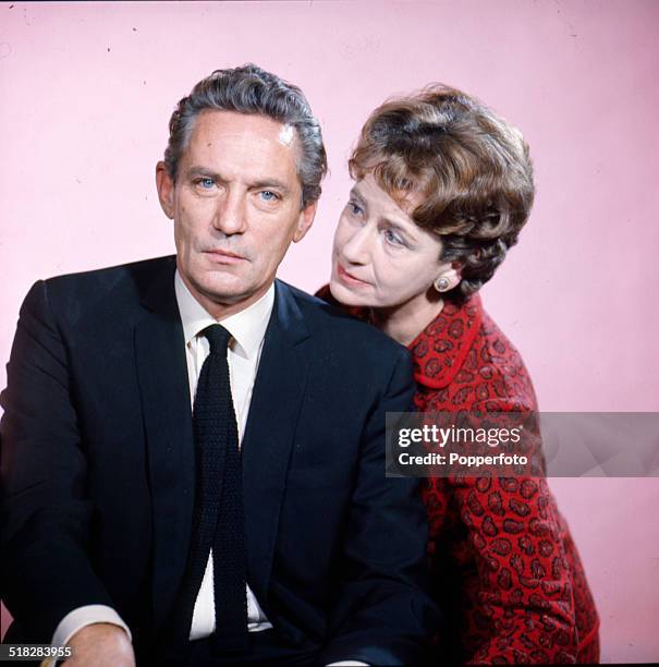 English actors Peter Finch and Peggy Ashcroft posed together in 1965.