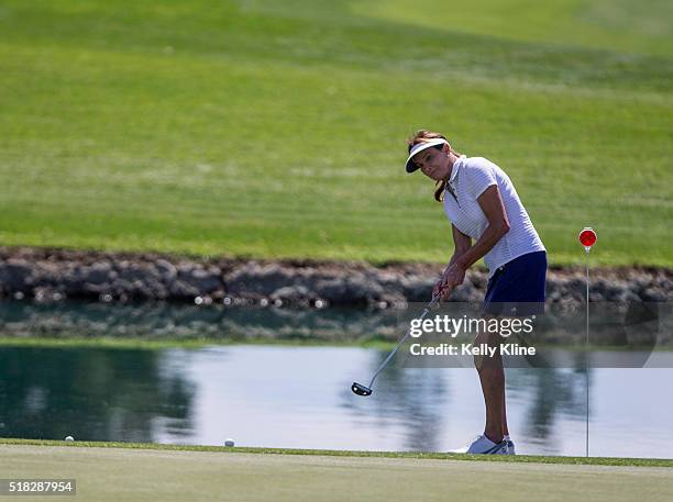 Caitlyn Jenner with the putt on the 18th hole during the LPGA's ANA Inspiration Pro-Am at Mission Hills Country Club on March 30, 2016 in Rancho...