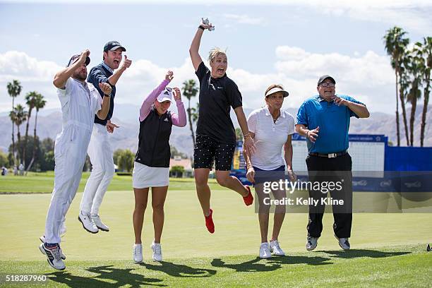 The Pro-Am group of Caddie Cole Pensanti, Golf Channel host Tom Abbott, LPGA golfer Danielle Kang, US Olympic soccer player Abby Wambach and...