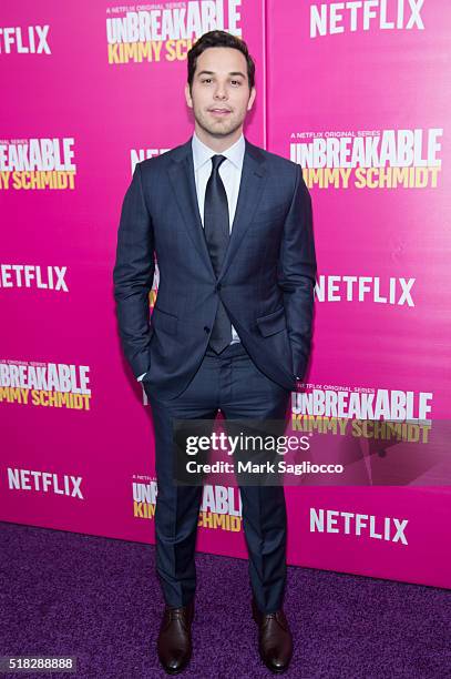 Actor Skylar Astin attends the "Unbreakable Kimmy Schmidt" Season 2 World Premiere at SVA Theatre on March 30, 2016 in New York City.