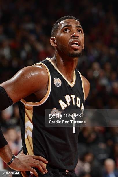 Jason Thompson of the Toronto Raptors during the game against the Atlanta Hawks on March 30, 2016 at Air Canada Centre in Toronto, Canada. NOTE TO...