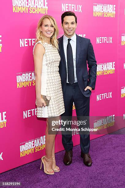 Actors Anna Camp and Skylar Astin attend the "Unbreakable Kimmy Schmidt" season 2 world premiere at SVA Theatre on March 30, 2016 in New York City.