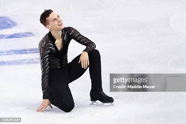 Adam Rippon of the United States celebrates after completing his routine in the Men's Short program during day 3 of the ISU World Figure Skating...