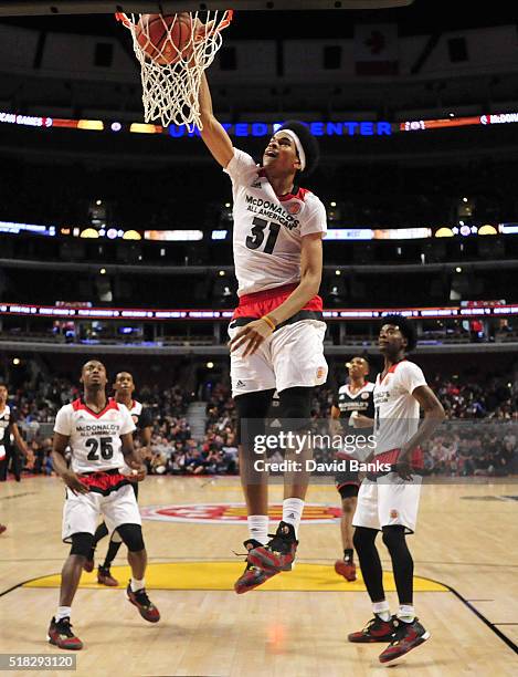 Jarret Allen of the West team dunks against the East team during the 2016 McDonalds's All American Game on March 30, 2016 at the United Center in...