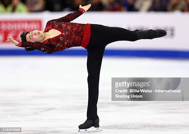 Boyang Jin of China competes during Day 3 of the ISU World Figure Skating Championships 2016 at TD Garden on March 30, 2016 in Boston, Massachusetts.