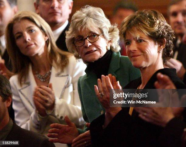 Caroline Kennedy Schlossberg, Eunice Kennedy Shriver, and Kara Kennedy listen as U.S. Sen. Ted Kennedy speaks during an announcement regarding his...