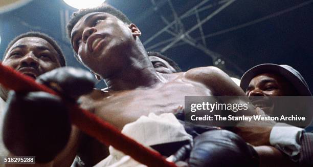 Cassius Clay celebrates his win against Sonny Liston, becoming the World Heavyweight Champion by RTD in round 6 of 15 at the Convention Center in...