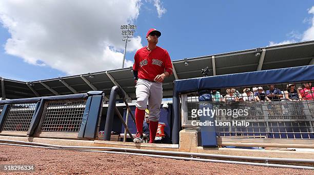 Allen Craig of the Boston Red Sox leaves the dugout prior to the start of the Spring Training Game against the Tampa Bay Rays on March 30, 2016 at...