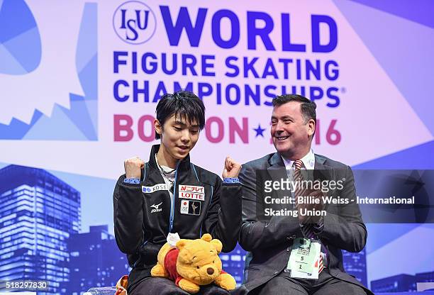 Yuzuru Hanyu of Japan reacts after competing and earning a first place score during Day 3 of the ISU World Figure Skating Championships 2016 at TD...