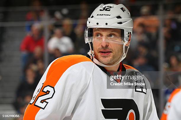 Mark Streit of the Philadelphia Flyers skates against the New York Islanders at the Barclays Center on March 21, 2016 in Brooklyn borough of New York...