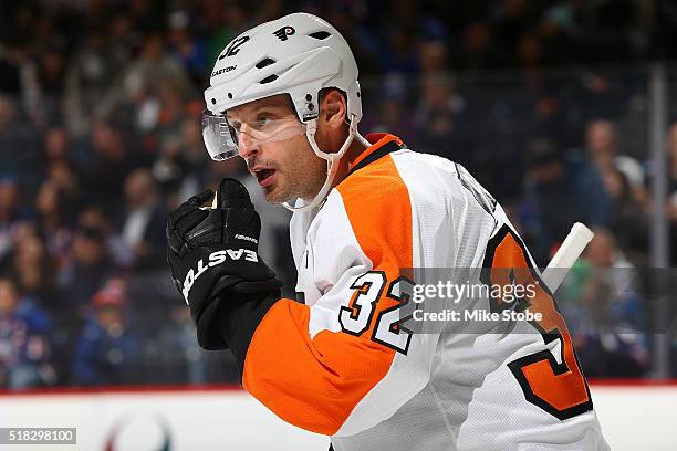 Mark Streit of the Philadelphia Flyers skates against the New York Islanders at the Barclays Center on March 21, 2016 in Brooklyn borough of New York...