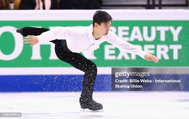 Denis Ten of Kazakhstan competes during Day 3 of the ISU World Figure Skating Championships 2016 at TD Garden on March 30, 2016 in Boston,...