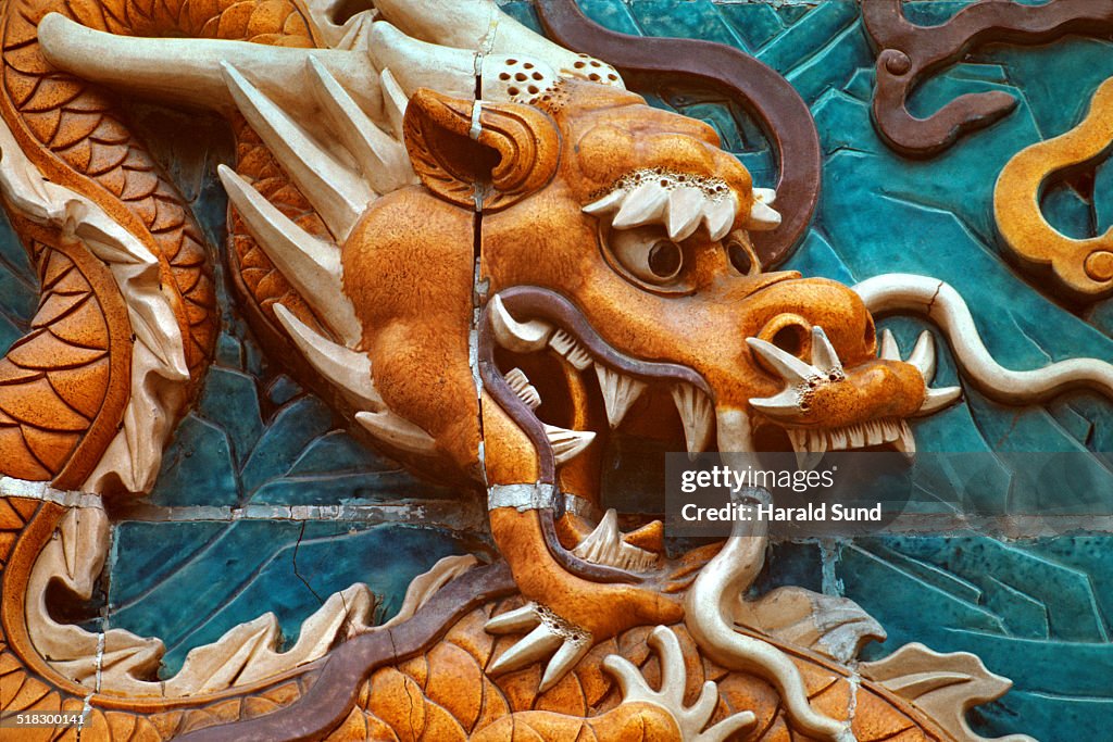 Colorful ceramic relief dragon tile figure