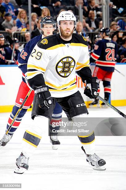 Landon Ferraro of the Boston Bruins skates against the New York Rangers at Madison Square Garden on March 23, 2016 in New York City. The New York...