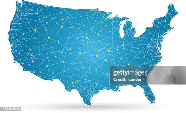 usa map with yellow cities and connections on white background - usa map network stock illustrations