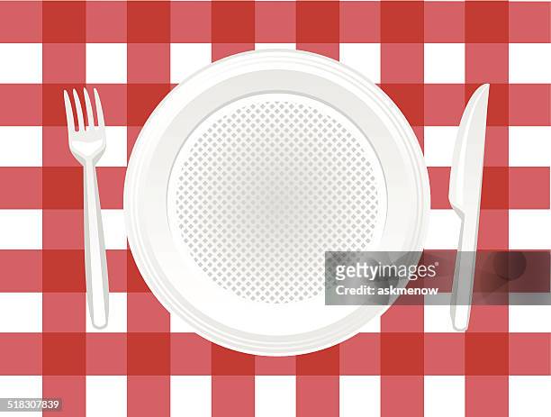 disposable plate, knife and fork. - disposable silverware stock illustrations