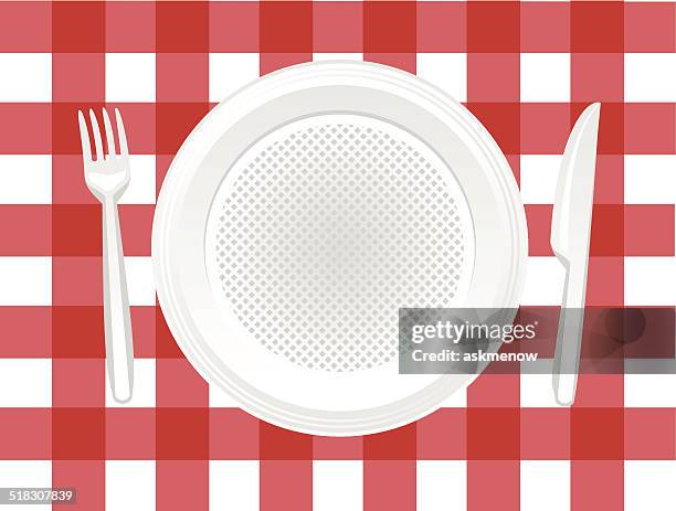 disposable plate, knife and fork. - red plastic plate stock illustrations