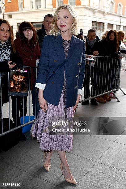 Kirsten Dunst seen arriving at the BBC Radio 1 Studios on March 31, 2016 in London, England.