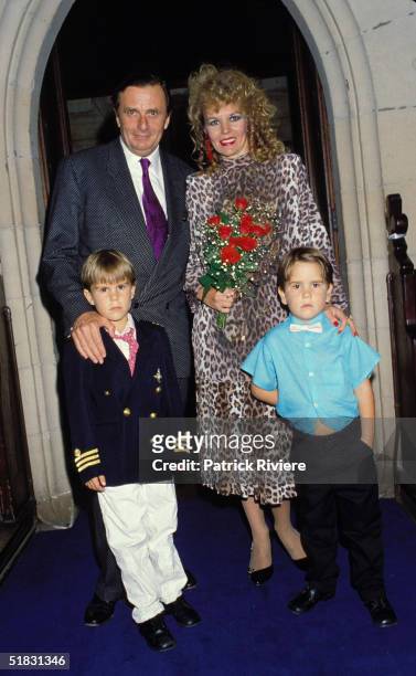 Comedian Barry Humphries marries Diane Millstead with sons Rupert and Oscar 1987 in Sydney's Eastern suburb, Australia.