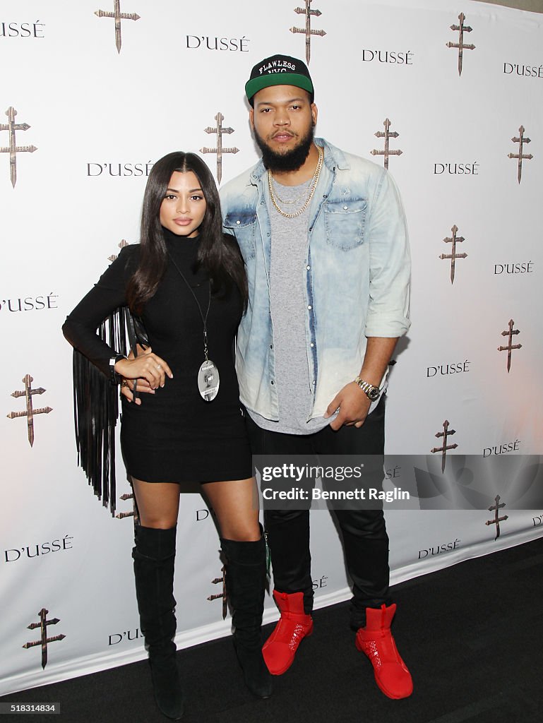 Rorrey Fenty and Ashley Lebron attend the D'USSE VIP Riser At