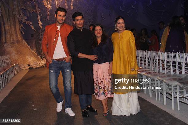 Indian model Freddy Daruwala, fashion designer Manish Malhotra with Bollywood director Zoya Akhtar and actor Bhumi Pednekar during the opening show...