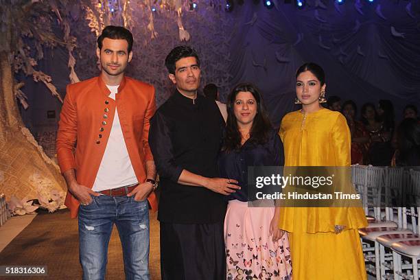 Indian model Freddy Daruwala, fashion designer Manish Malhotra with Bollywood director Zoya Akhtar and actor Bhumi Pednekar during the opening show...