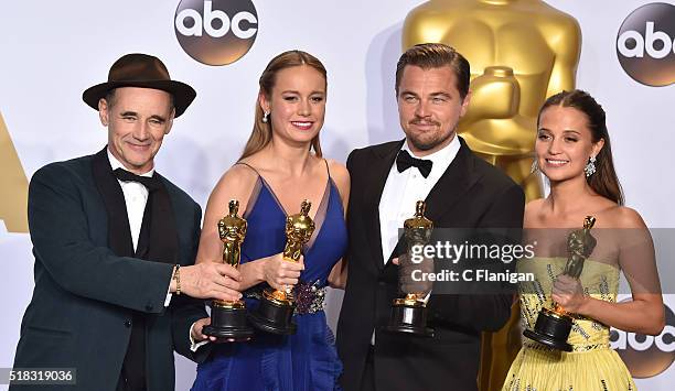 Actor Mark Rylance, winner of the award for Best Actor in a Supporting Role for 'Bridge of Spies'; actress Brie Larson, winner of the award for Best...