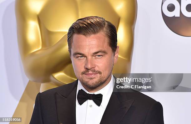 Actor Leonardo DiCaprio, winner of the award for Best Actor in a Leading Role for 'The Revenant,' poses in the press room during the 88th Annual...