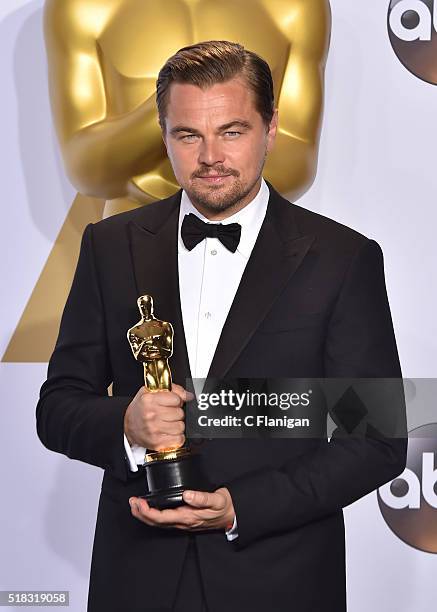 Actor Leonardo DiCaprio, winner of the award for Best Actor in a Leading Role for 'The Revenant,' poses in the press room during the 88th Annual...