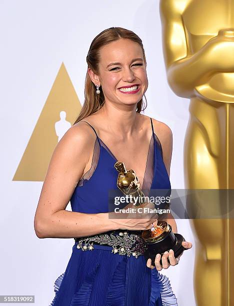Actress Brie Larson, winner of the award for Best Actress in a Leading Role for 'Room,' poses in the press room during the 88th Annual Academy Awards...