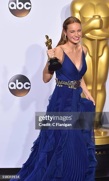 Actress Brie Larson, winner of the award for Best Actress in a Leading Role for 'Room,' poses in the press room during the 88th Annual Academy Awards...