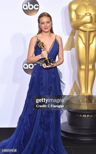 Actress Brie Larson, winner of the award for Best Actress in a Leading Role for 'Room,' poses in the press room during the 88th Annual Academy Awards...