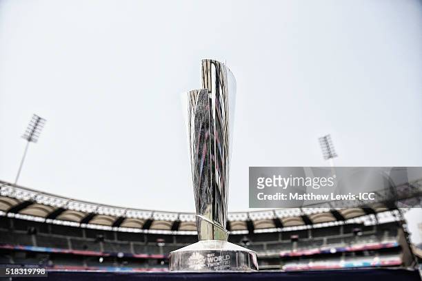 General view of the Womens ICC WOrld Twenty20 trophy during the Women's ICC World Twenty20 India 2016 Semi Final match between New Zealand and West...